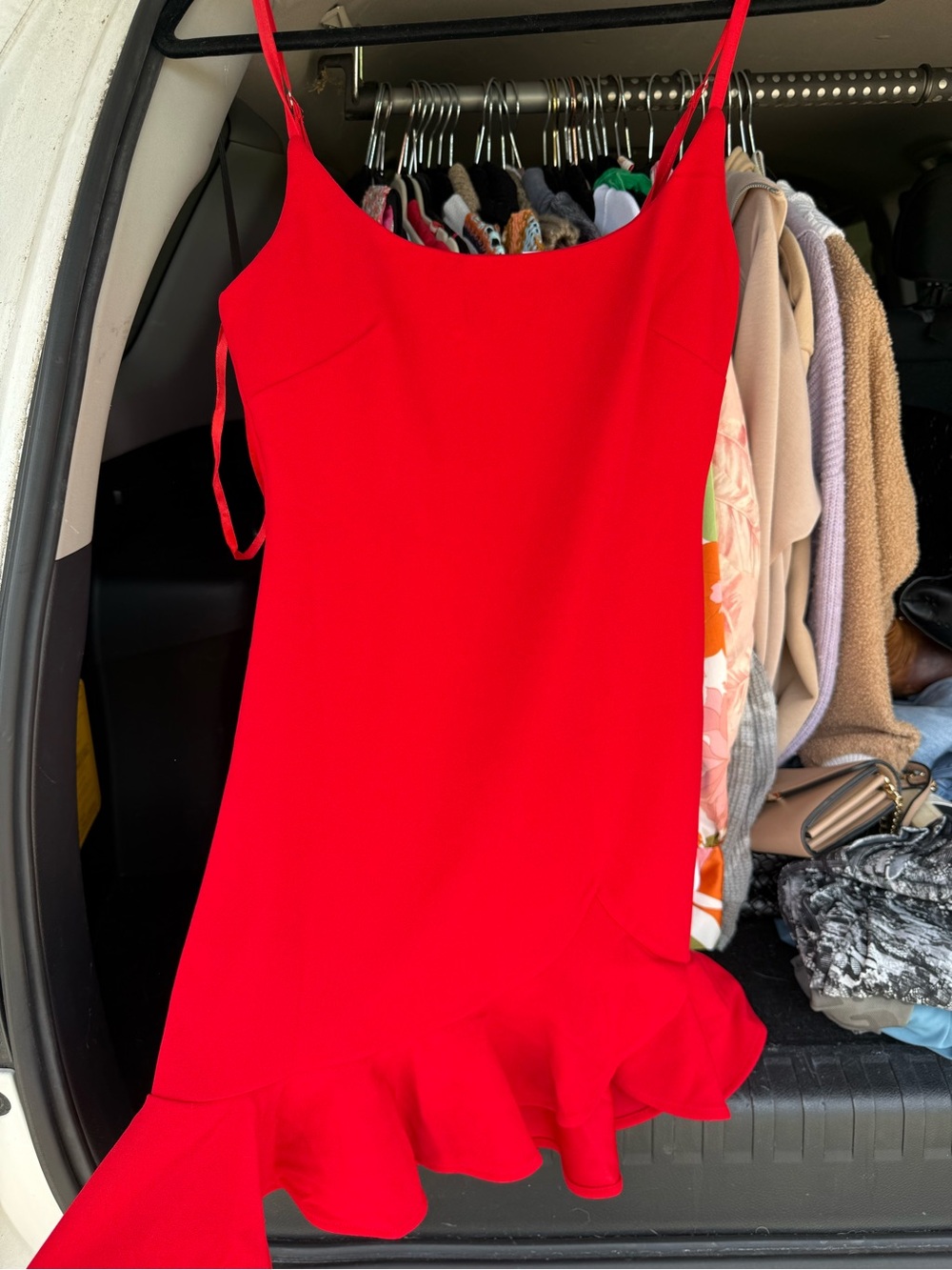 Selfie Leslie Red Ruffle Hem Spaghetti Strap Dress